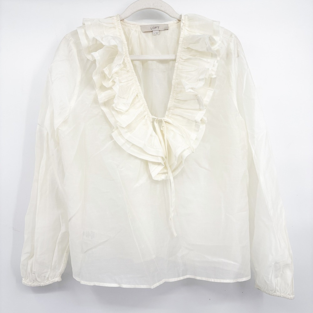 LOFT Womens Ivory Ruffle V-Neck Romantic Victorian Cottagecore Sheer Blouse L
